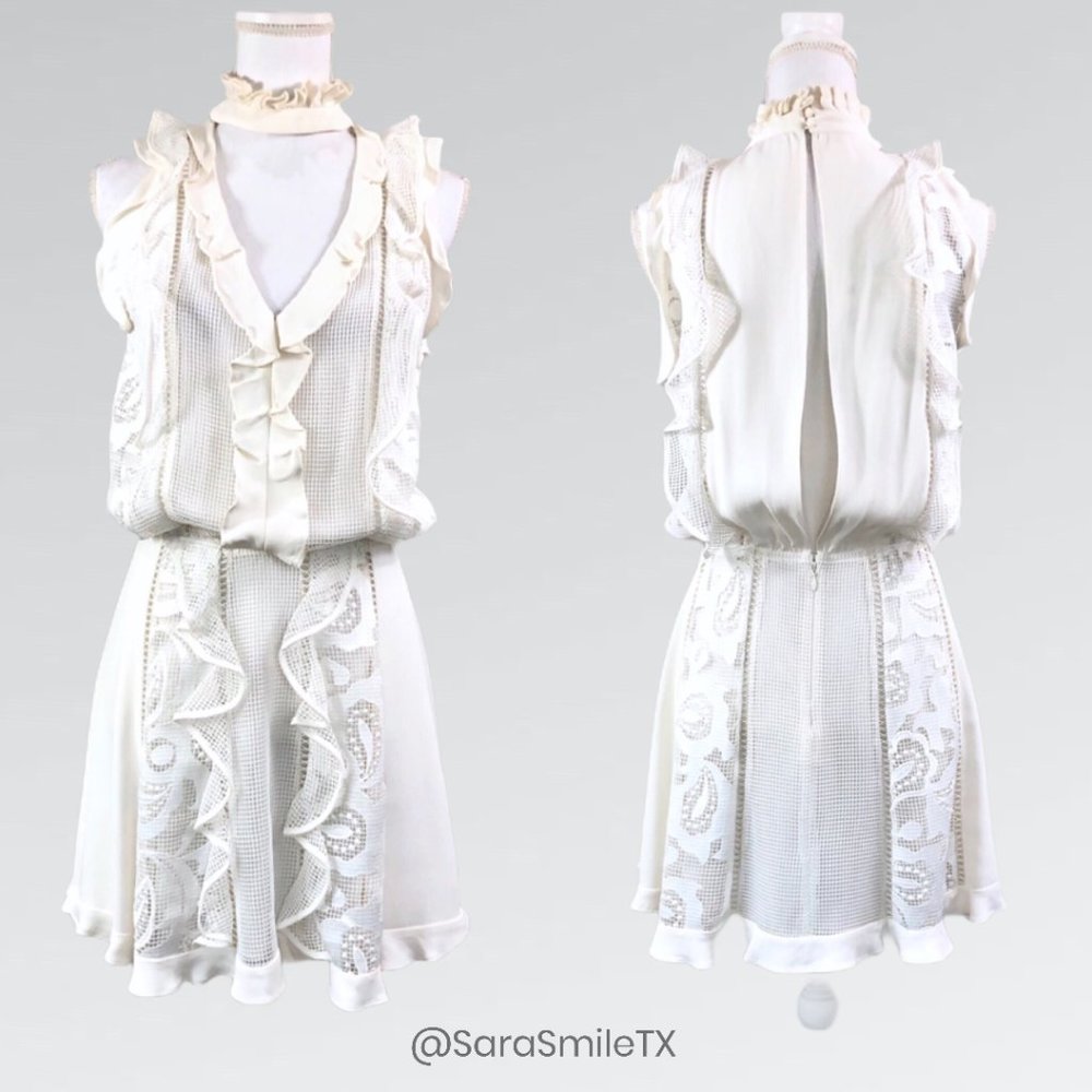 {ALEXIS} White Ruffle Lace Trim Choker Mini Dress